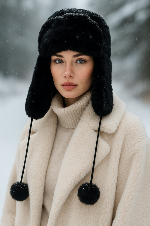 Kadın Ponponlu Kürklü Kulaklıklı Peluş Şapka