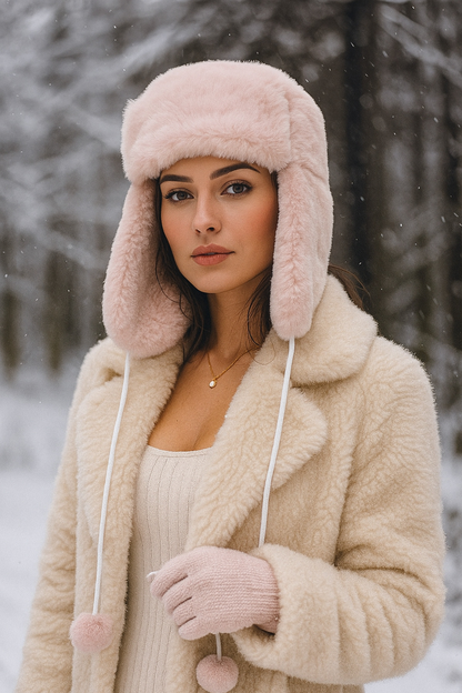 Kadın Ponponlu Kürklü Kulaklıklı Peluş Şapka