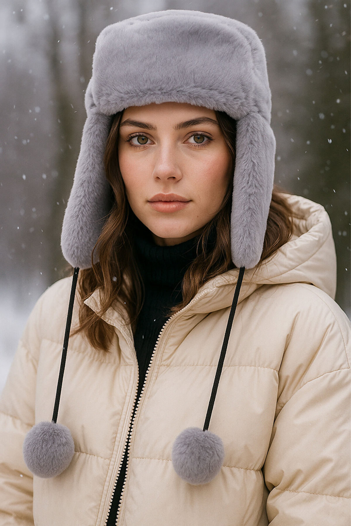 Kadın Ponponlu Kürklü Kulaklıklı Peluş Şapka