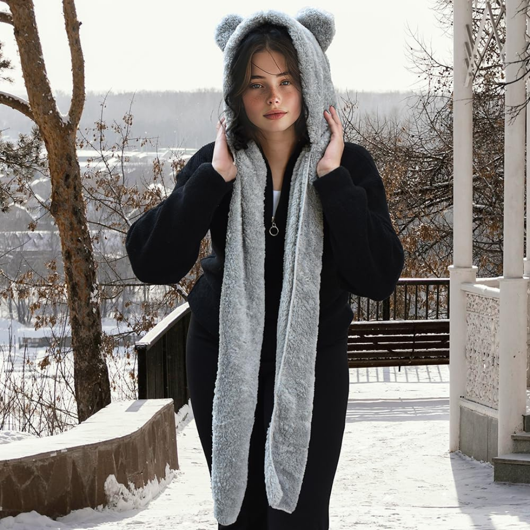 Kapşonlu Peluş Welsoft Bere & Atkı – Rüzgar Geçirmez, Kulaklı Polar Şapka & Boyunluk